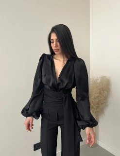 Body con manica ampia in simil seta nero