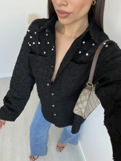 Camicia di jeans con cuori e diamantini nera