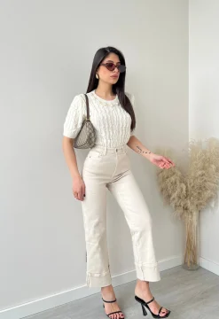 Jeans basic con risvolto beige