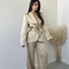 Pantalone palazzo in simil raso champagne