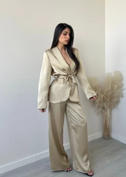 Pantalone palazzo in simil raso champagne