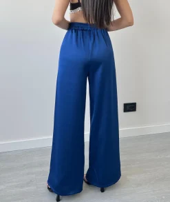 Pantalone palazzo in simil raso salvia