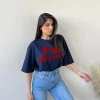 Tshirt con scritta in velluto blu navy